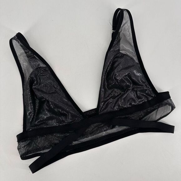 Victoria’s Secret Caged Bra Bralette Black Silver Foil Mesh Shine & Plunge Large - Picture 4 of 12